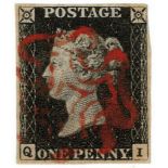 GB - 1840 Penny Black Plate 1b (Q-I) four margins, no thins or creases, nice Red MX, Fine Used