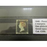 GB - 1840 Penny Black Plate 2 (P-F) with two margins, pin hole, good spacefiller cat £350