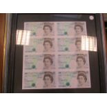 Kentfield Five Pounds B364 "BH" an uncut sheet of eight notes, Unc in a frame