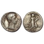 Augustus silver denarius, Lugdunum Mint 15-13 B.C., obverse:- Bare headed bust of Augustus right,