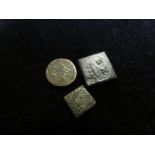 English coin weights (3) of James I, two with tickets.