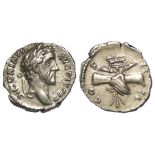 Antoninus Pius silver denarius, Rome Mint 146 A.D., Reverse:- COS IIII, clasped hands holding