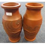 Pair of Japanese pottery vases, having Greek Key designed rims, the ovoid bodies moulded with