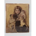 Painted on glass portrait of young girl with cat and dog dated 1899