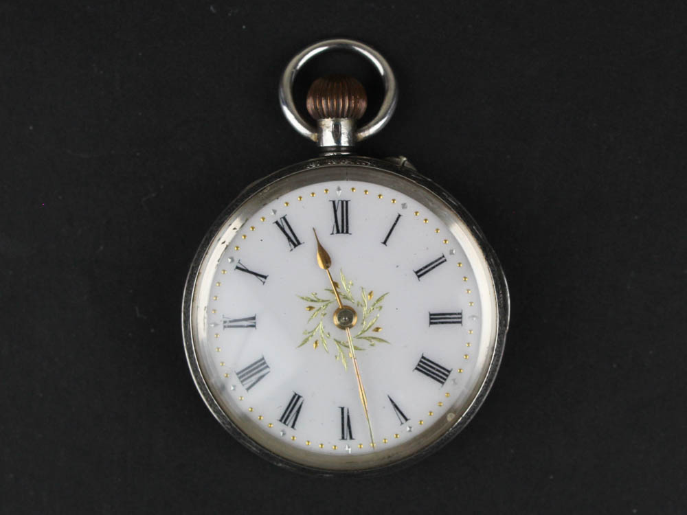 0.935 Silver Ladies open face pocket watch, white enamel face with Roman numerals and gilt hands