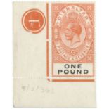 Gibraltar 1927 £1 red-orange and black SG107, with left hand corner control '1'. stamp unmounted