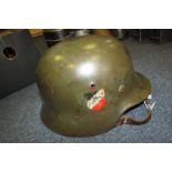 German Headwear - M35 double decal early Army helmet. Eagle 50% present tri-colour 60% present.