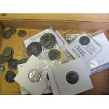 Collection of Roman in an old cigar box, includes silver issues