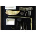 Box of artifacts including in bone, tooth picks, hair pins, comb, whale tooth etc, pair of bronze