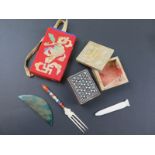 Mixed lot including horn chopsticks, early 20th century fabric document holder,  a small vizagapatem
