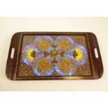 20th century butterfly tray being a mahogany tray with inlaid herringbone decoration and a collage