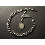Silver "T" bar pocket watch chain Hallmarked birmingham 1924 with a silver fob attached, length