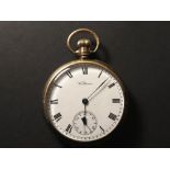 9ct Gold Waltham USA open face pocket watch, white enamel dial with roman numerals and subsidary
