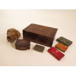 Mixed lot including an inlaid writing slope, various vintage tins and a carved treen dogs head