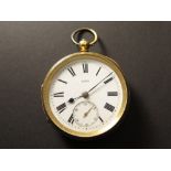 18ct gold open face pocket watch hallmarked London 1874. The white enamel dial applied with black