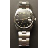 Gents Stainless Steel Rolex Oysterdate on Oyster strap Black Dial with gold hands and batons
