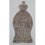 Rare 18th century fire insurance lead plaque depicting buildings with columns below a kings crown