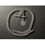 Silver hallmarked "T" bar pocket watch chain with a 1787 sixpence attached, length approx 40cm,