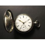 Silver full hunter pocket watch, hallmarked London 1855 , the white enamel dial applied with black