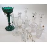 A box of mixed glassware including a green glass lustre, decanters, vase and candlestick