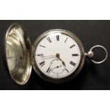 Full hunter silver pocket watch by John Mansfield, hallmarked London 1871. The white enamel dial