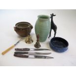 Mixed lot including ceramics, a brass bell, carved african figurines etc