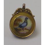 9ct gold Racing pidgeon medal 1933, engraved on the back and with an enamelled picture of a