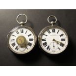 Two Silver open face pocket watch, both with white enamel dials, bold Roman numerals, subsidiary