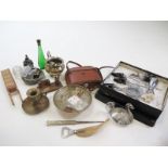 Mixed lot including camera, a fan and various trinkets and ornaments
