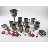 Box of mostly pewter and plated wares including presentation cups and tankards