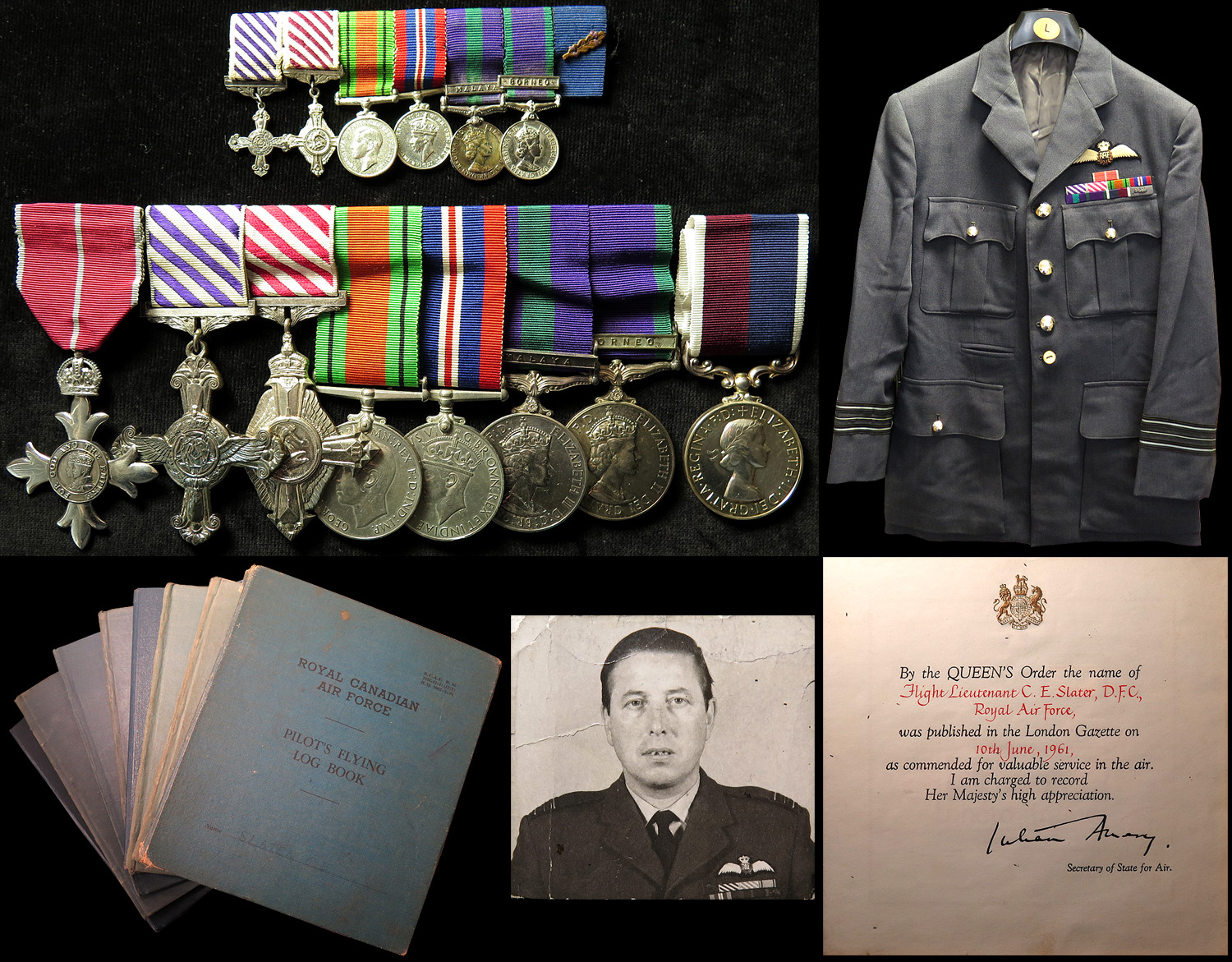 RAF group mounted as worn - DFC QE2 dated 1958, AFC QE2 dated 1967, Defence Medal, War Medal, GSM