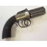 19th Century 6 cylinder percussion pepperbox revolver with white metal frame chequered grips