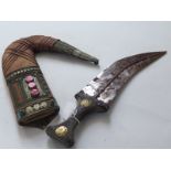 Arabian styled old Jambiya dagger, with bone/horn handle, leather scabbard and silver decoration