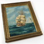 Large early Oil on Canvas of a three masted frigate W.H Spencer Hughes 16/10/03 in an ornate