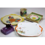 A collection of 1930's Art Deco ceramics including a shelley plate two pieces of clarice cliff, a