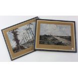 E.Handley-Read 1870-1935 pair of framed charcoal and water-colour prints 'Behind The Firing Line',