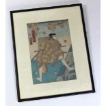 Framed and mounted Japanese colour lithograph depicting a man with a bundle on his back, unframed