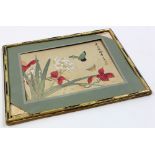 Japanese watercolour picture on silk with gilt bamboo effect frame