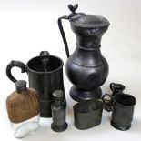 18th century Pewter Ale Jug with hinged lid along with a tankard, a smaller tankard, a measure, a