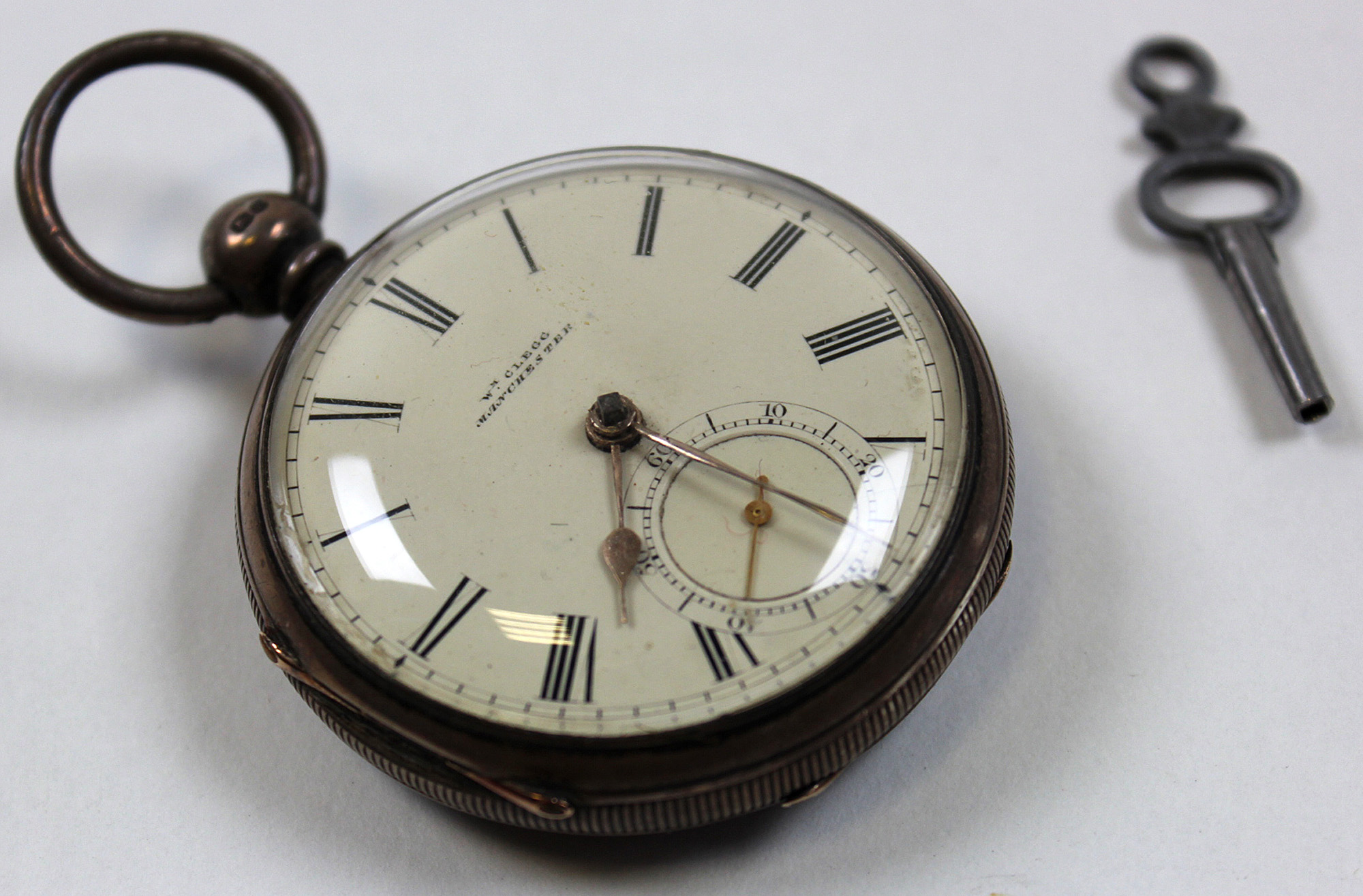 Open face silver pocket watch by W. Clegg Manchester, Hallmarked Chester 1871, white enamel dial