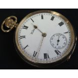 Waltham 9ct Gold open face pocket watch, hallmarked Birmingham 1914, the white dial with Roman