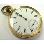 18ct gold open face pocket watch. The white enamel dial with black roman numerals, bordered by a