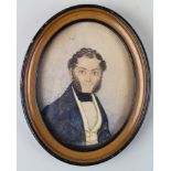 Regency period circa 1820 miniature watercolour and pen portrait of a gentleman in oval frame