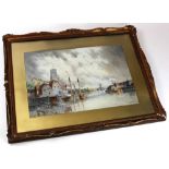 L. Van Staaten, 1836 – 1909. Mounted and framed watercolour depicting Dutch canal scene, signed l.r,