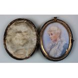 Large Victorian portrait miniature on Ivory of Marion Walpole dated 1897 in brass frame within green