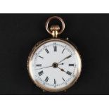 Ladies 14k open face pocket watch, white enamel face with black Roman numerals, weight 27 grams