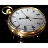 18ct open face Pocket watch, white enamel dial with black roman numerals weight 127.2 grams