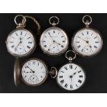 Silver Pocket watches (5) with four being open faced, including an example hallmarked Chester 1893