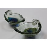 Pair of murano glass ornammental dishes circa 1970 decorated in blues and greens