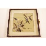Mid 20th century japanese collage with birds on a bough, entirely made from feathers signed